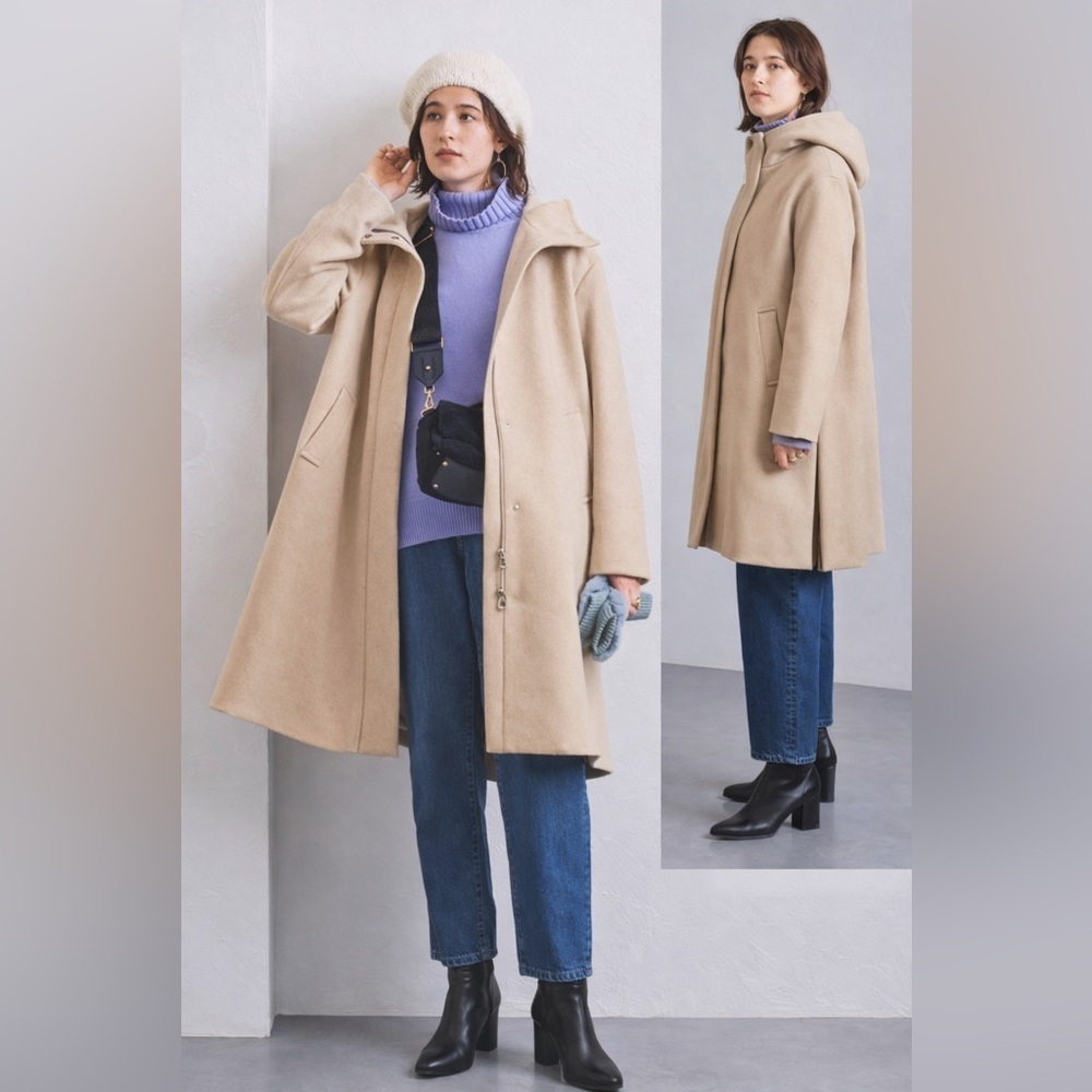 $356 United Arrows Wool Women's Beige Hooded Pea Coat Size 6 S Preppy Old money